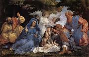 Lorenzo Lotto, L'Adoration de l'Enfant Jesus avec la Vierge Marie et joseph,Elisabeth et Joachim et trois anges